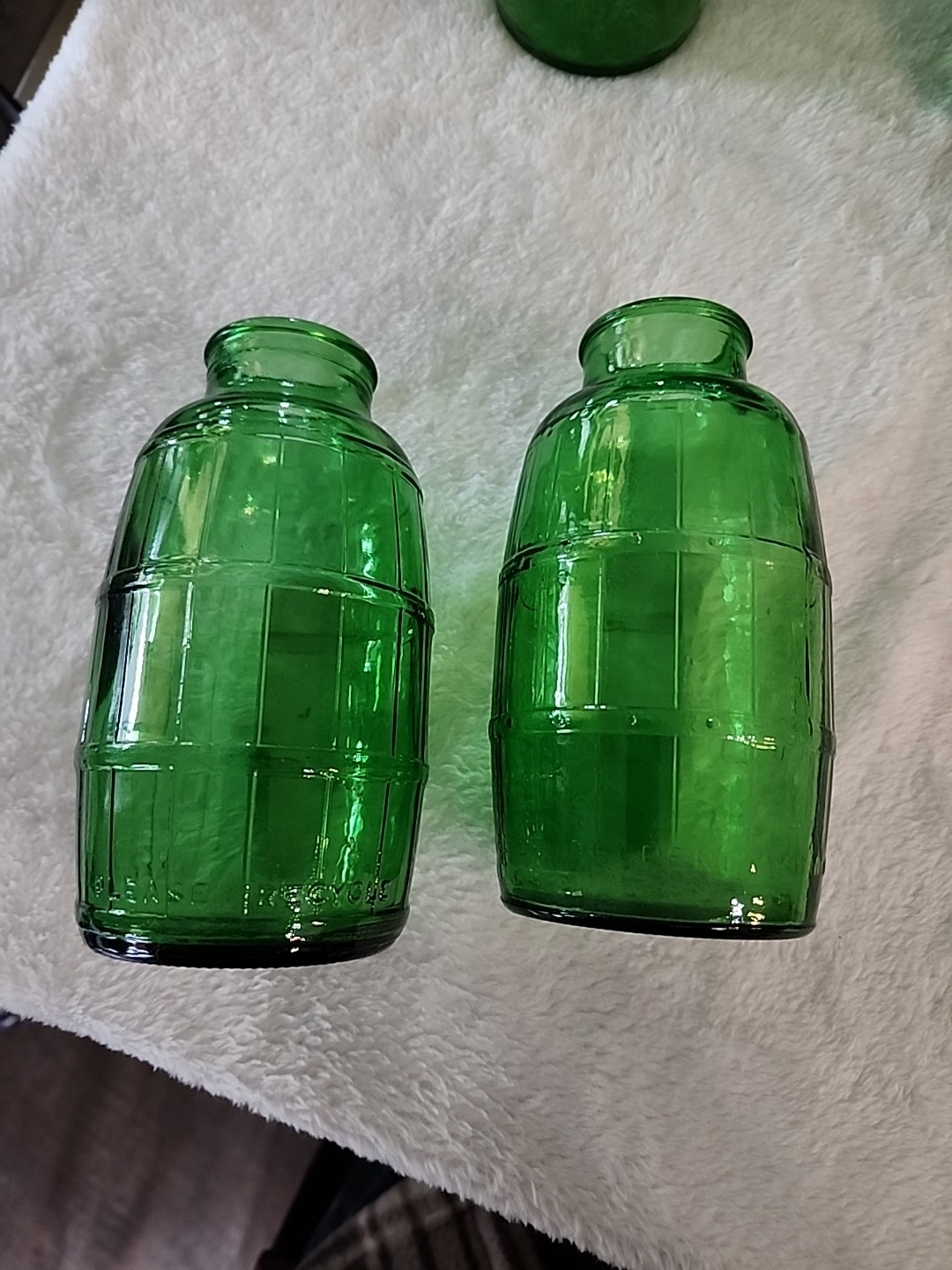 Set Of 2 Green Barrel Shaped Glass Jars Vintage Malt Liquor Bottle