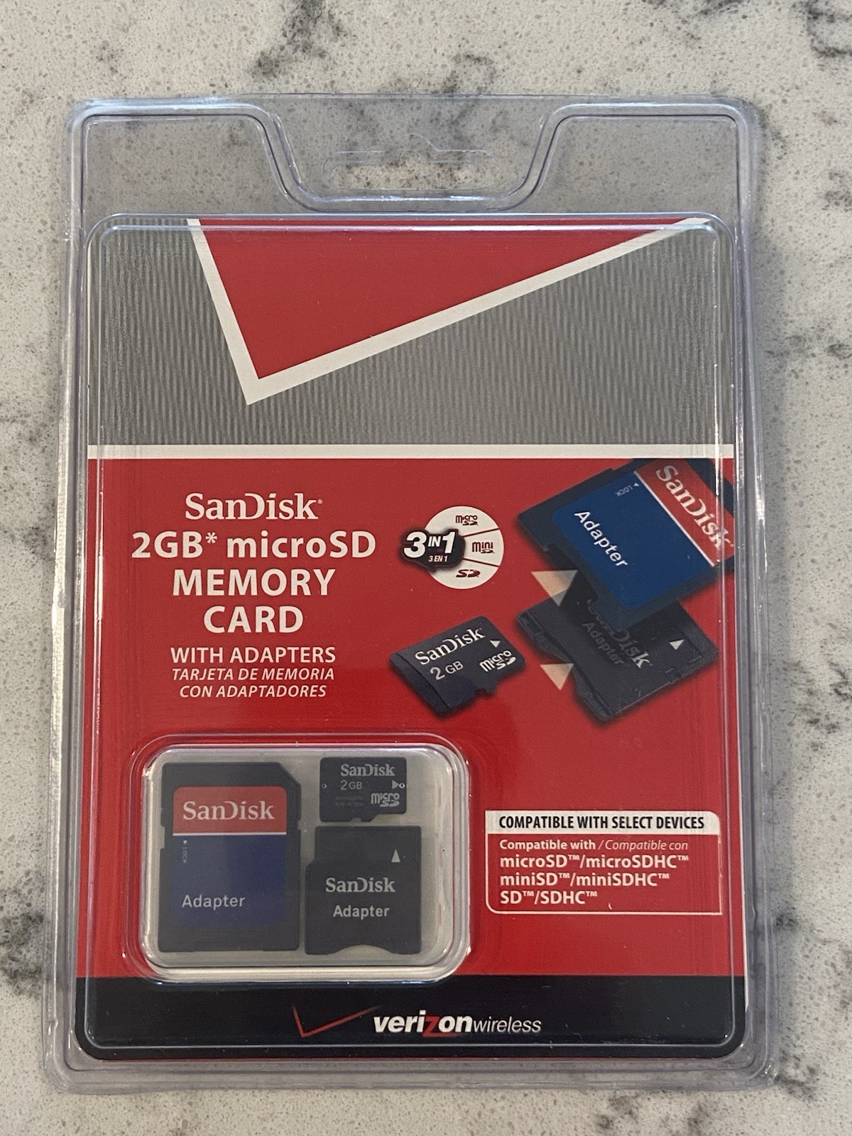 NEW ~ SanDisk 2GB microSD Memory Card Class 2 w/ SD miniSD Adapters 3-in-1