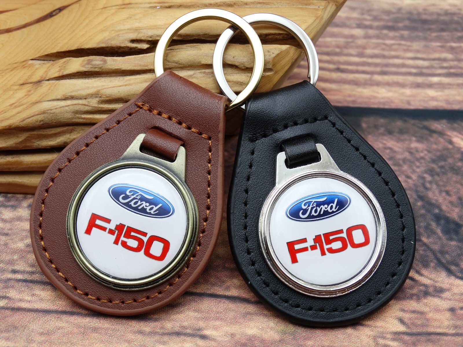 RARE Vtg Wht FORD F-150 GENUINE LEATHER KEY FOB CHAIN RING Automotive CAR TRUCK