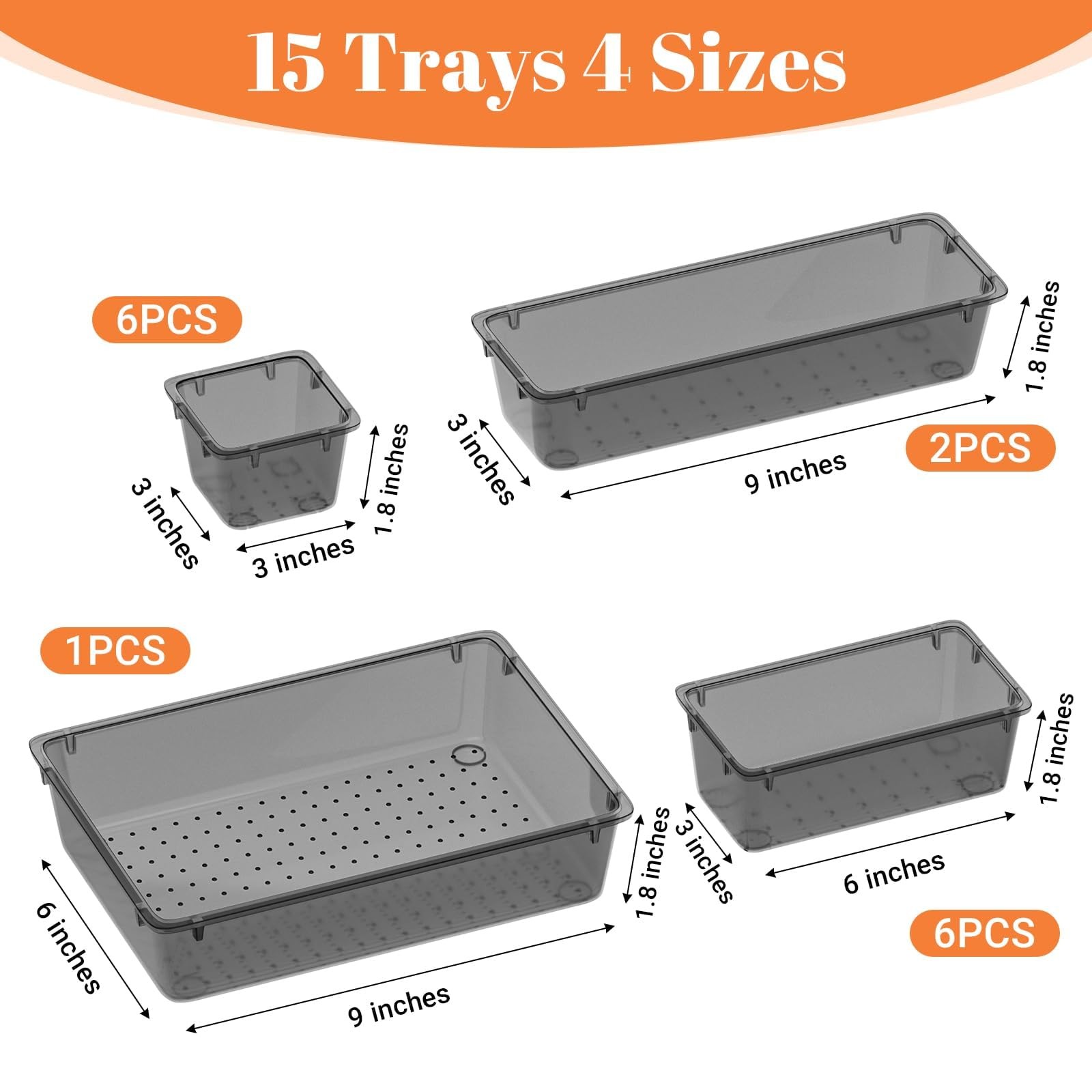 SpaceHacks 15 PCS Clear Plastic Drawer Organizer Set, 4-Size Acrylic Black