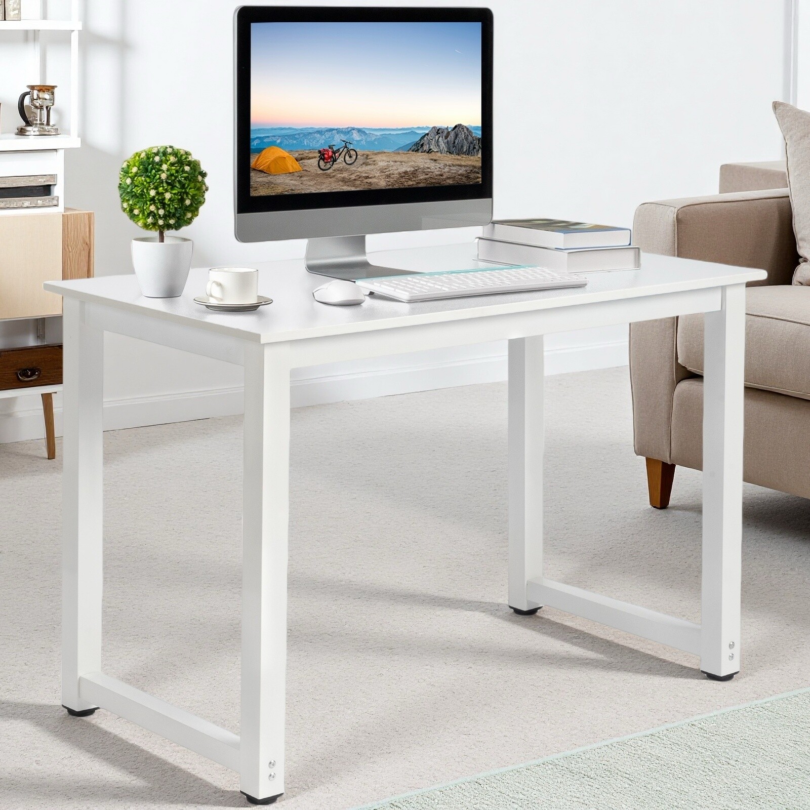 Simple Computer Desk - Portable, White, Steel White Frame & Adjustable Foot Pad