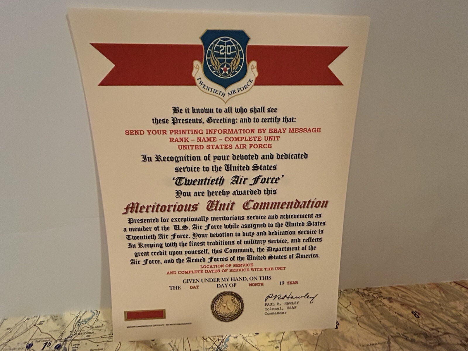 U.S. AIR FORCE / 20TH AIR FORCE - MERITORIOUS UNIT COMMENDATION CERTIFICATE