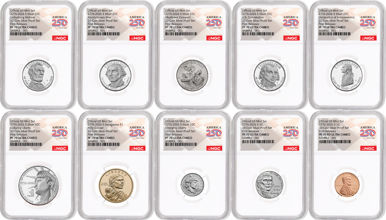 1776-2026 US Mint Complete 10 Coin Silver Proof Set, NGC PF70 FR, Flag Presale