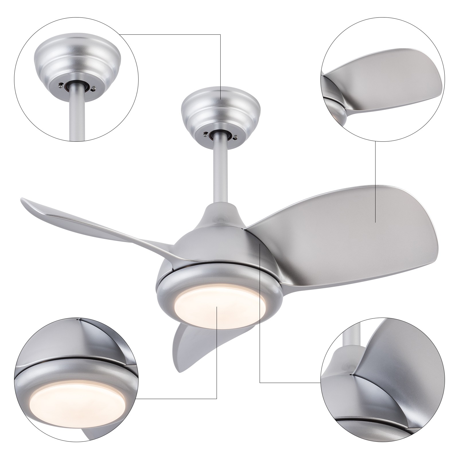 30 Inch Silver Ceiling Fan with Light & Remote Control , 3 Blades Design New