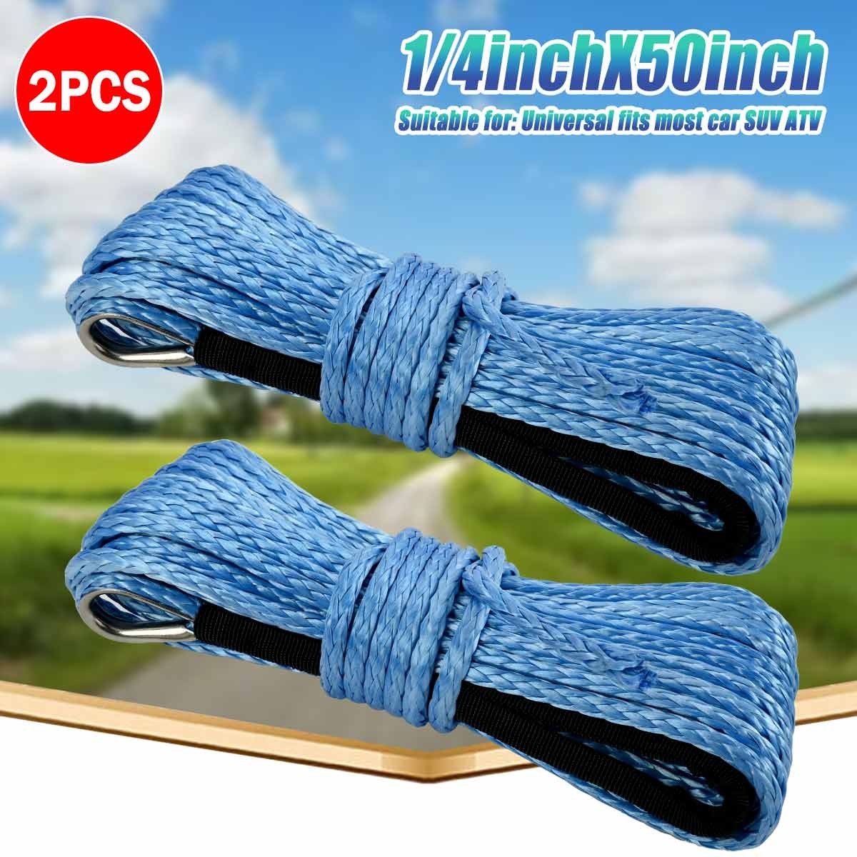 2pcs 1/4"x50'10000LBS Synthetic Winch Rope Line Blue Recovery Cable for 4WD UTV