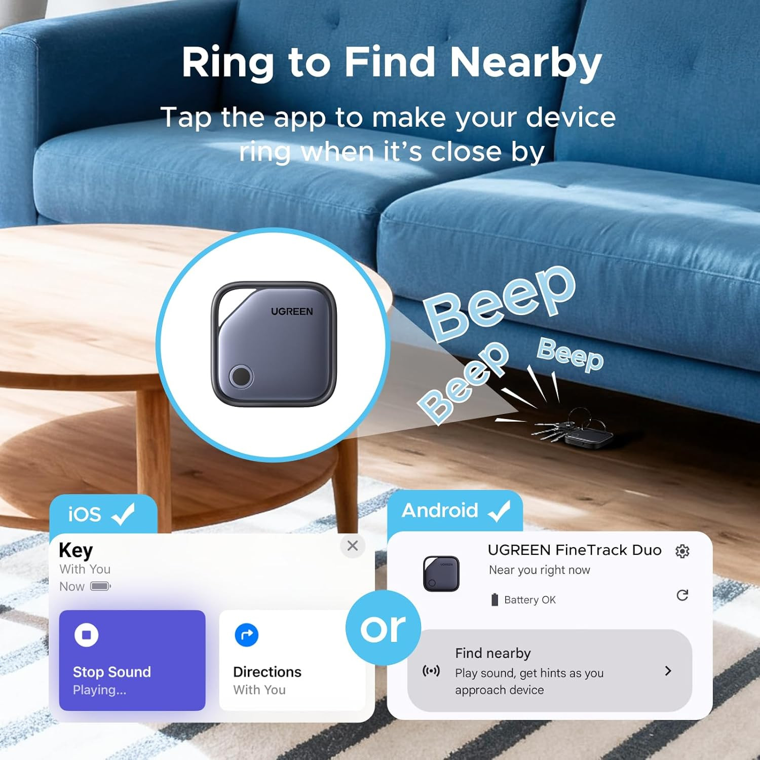 UGREEN Finder Duo (Ios and Android) Air Tracker Tags 4 Pack, Rechargeable Androi