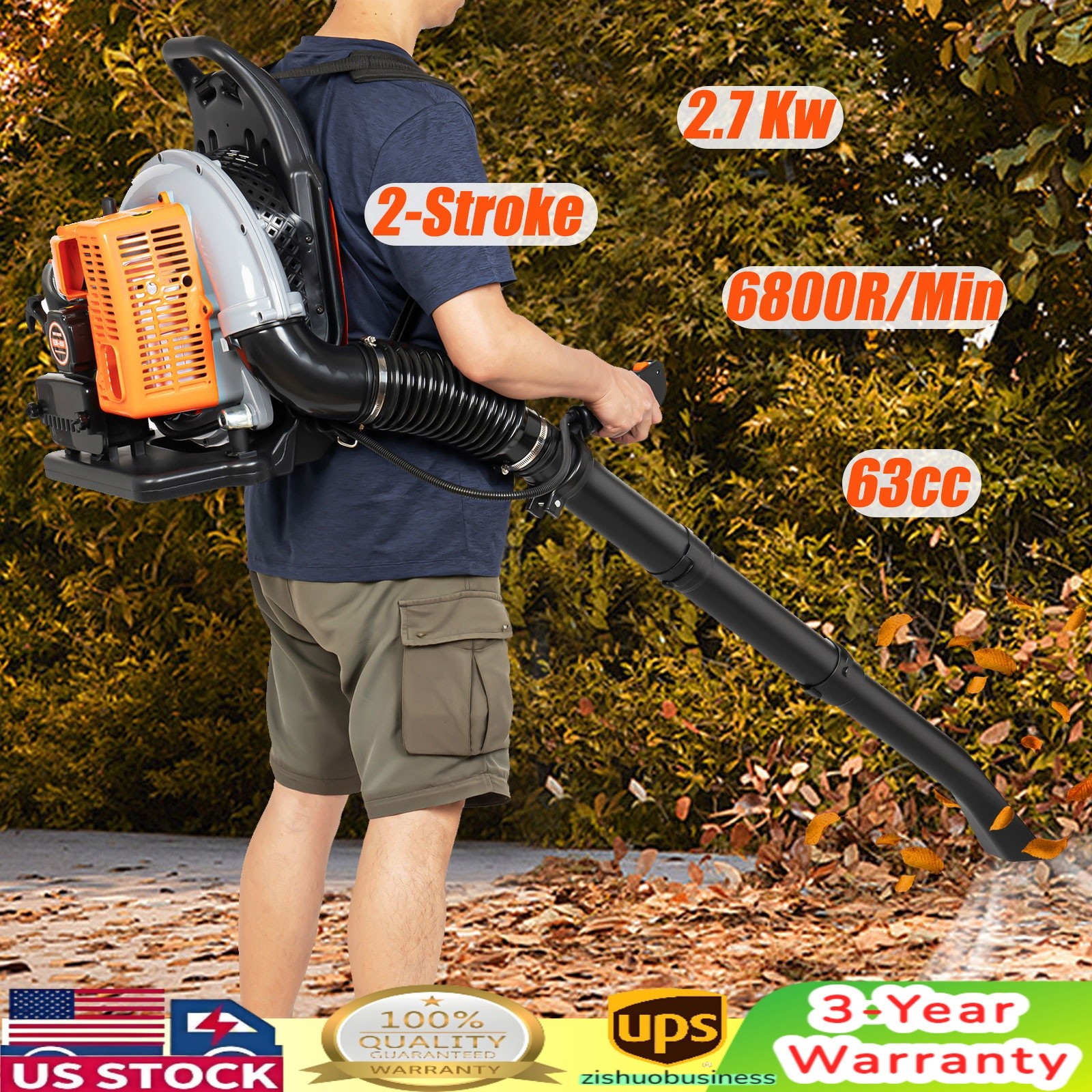 New 63CC 2-Stroke Backpack Gas Leaf Blower, 4.3HP, 850CFM Commercial Use