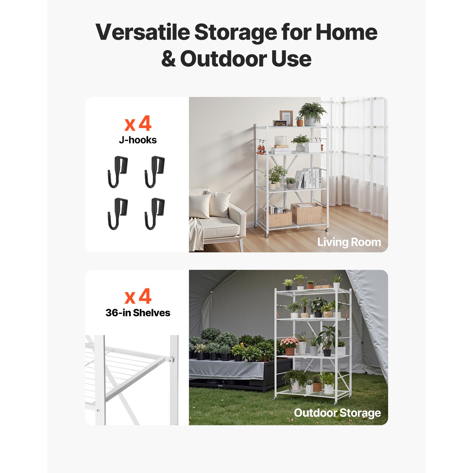 Folding Storage Shelf with Wheels 4-Tier No Assembly Organizer Shelf White