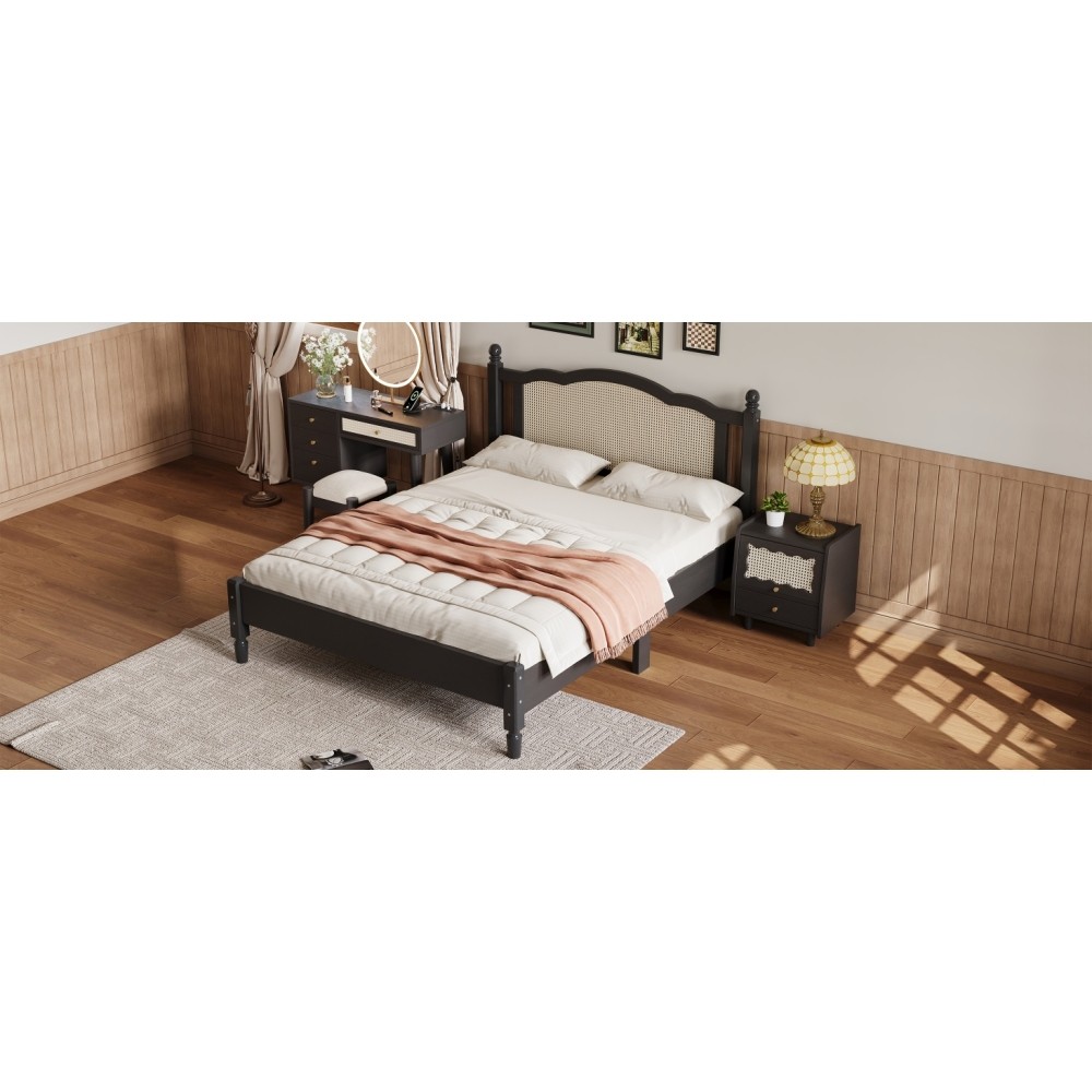 Queen Wood Platform Bed w/ Rattan Headboard, Wooden Slat Support