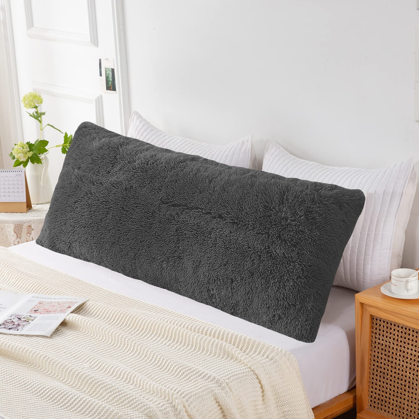 21x54 Body Pillow Cover with Zipper, Fluffy Faux Fur Big Body Pillow Case, So...