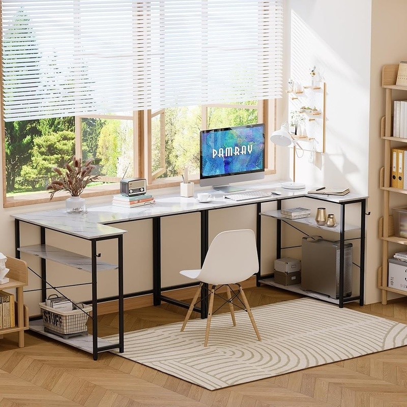 L-Shaped Computer Desk W/ Reversible Shelves Ample Storage Home Office Gaming US