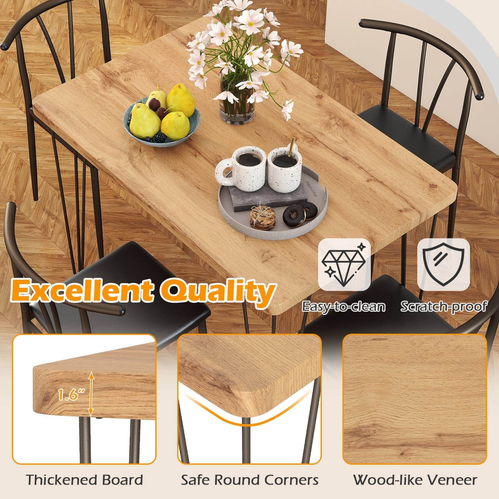 Rectangular Kitchen Table and 4 Armless Chairs w/ Upholstered Seat, Spindle Back