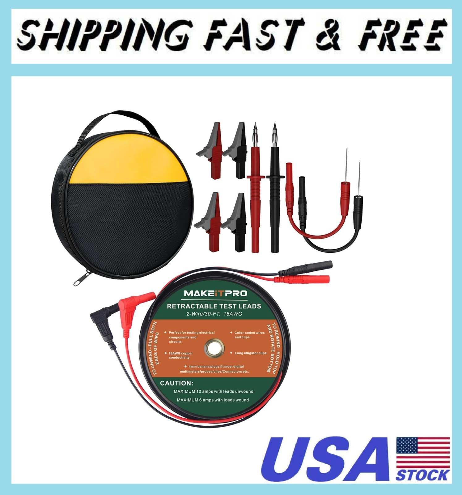2 Wires 30FT 18AWG Retractable Test Leads with Cable Bag | Dual Ended Electrical