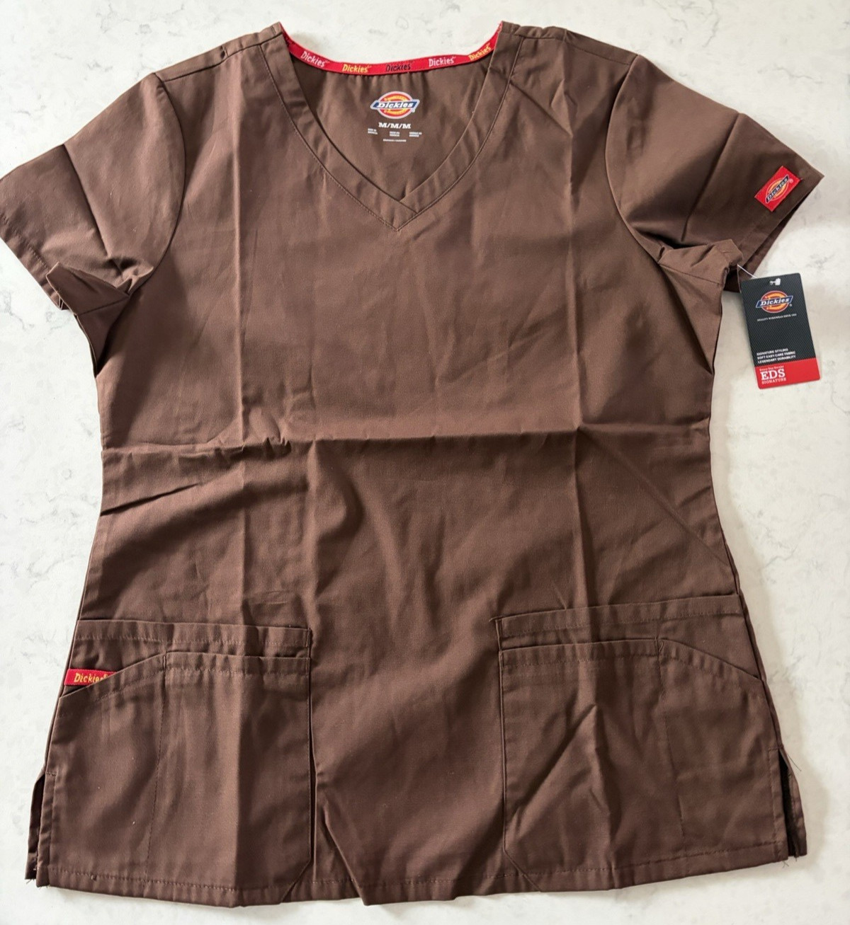 Dickies EDS Signature Scrub Top Women’s V-Neck Brown Short Sleeve NEW