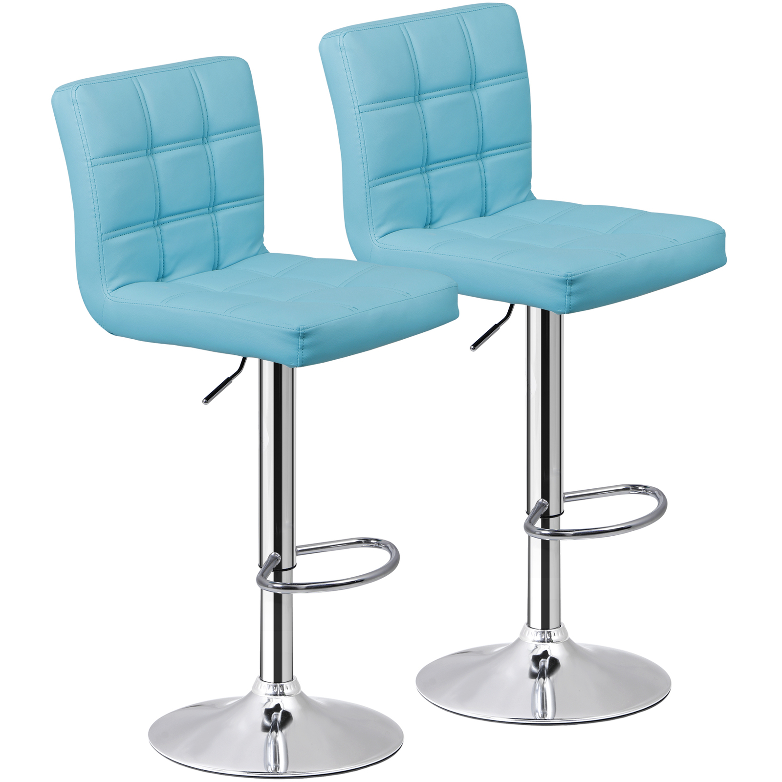 2PCS Bar Stools Blue PU Leather Height Adjustable Swivel Barstools Armless