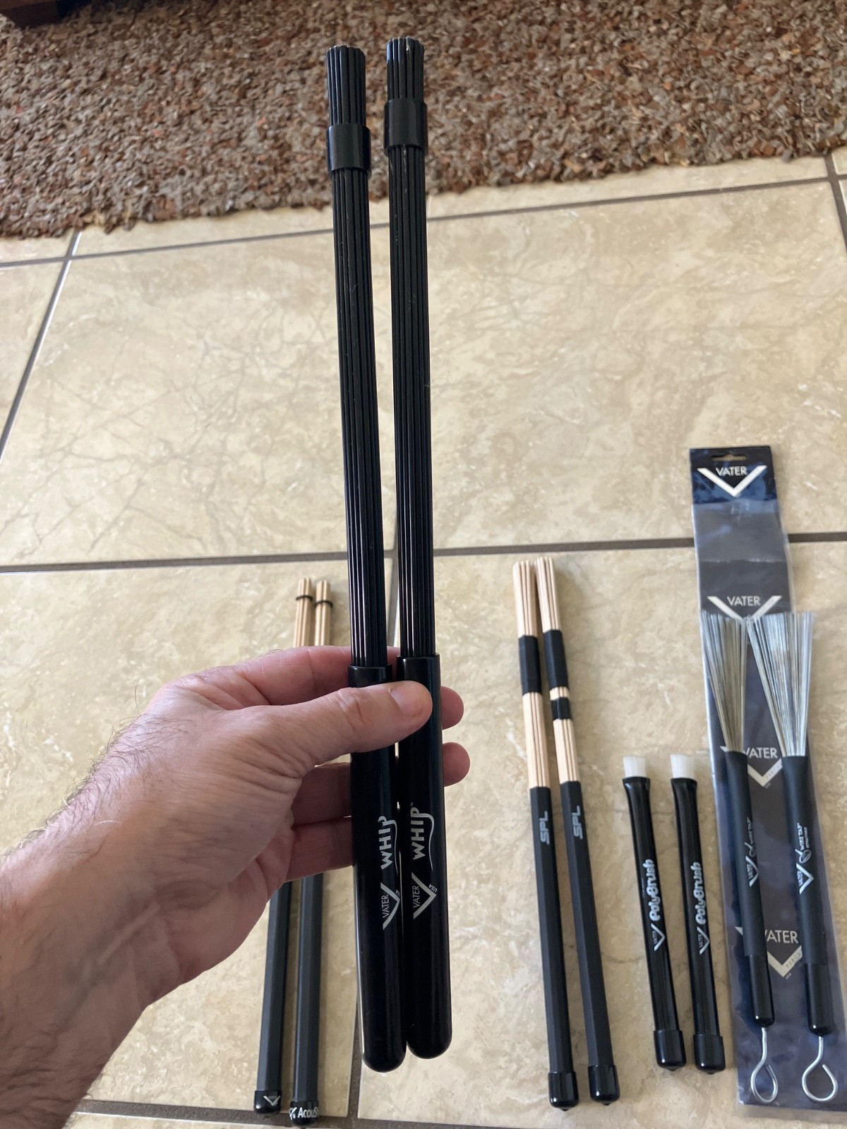 Lot of drum Vater Wire Tap, PolyBrush , whip, Acoustick, and SPL bamboo sticks