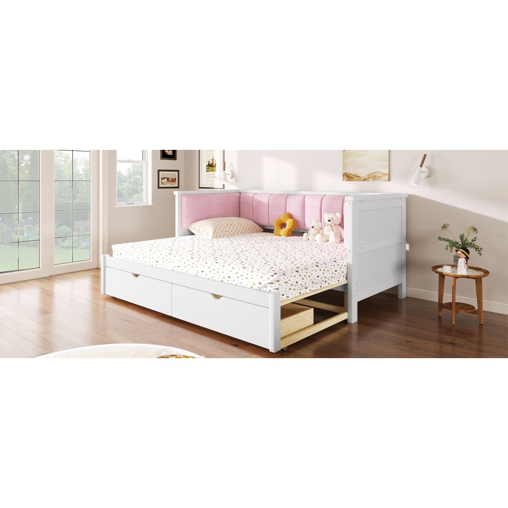 Pink & White Velvet Daybed Twin XL to King w/ Storage & Backrest
