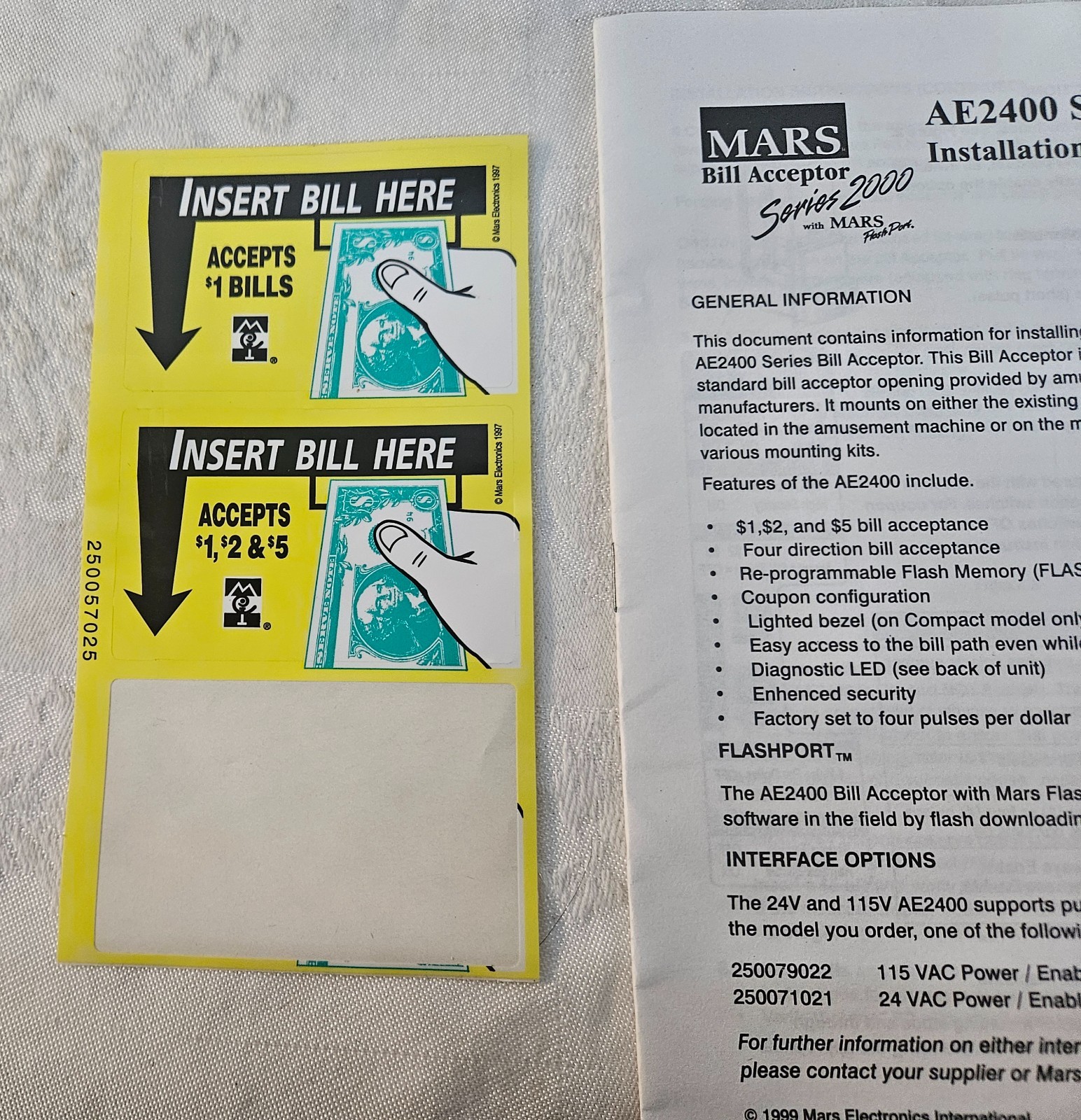 MARS Bill Acceptor AE2400 Series Installation Guide Manual w Couple Stickers