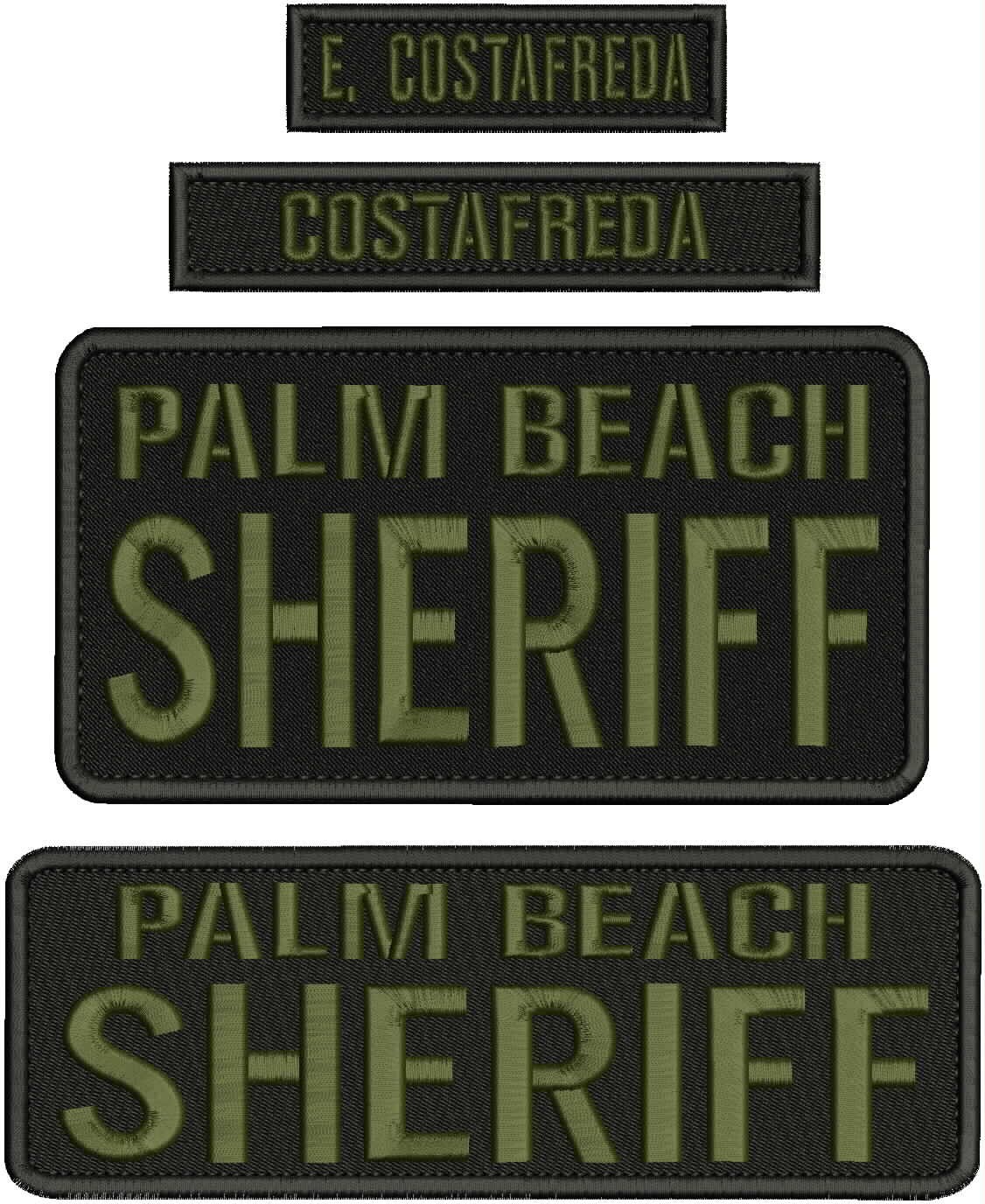 COSTAFREDA EMB patches 4x8''3x9 1x4 and 6x1'' VELCR@ ON BACK od green on black