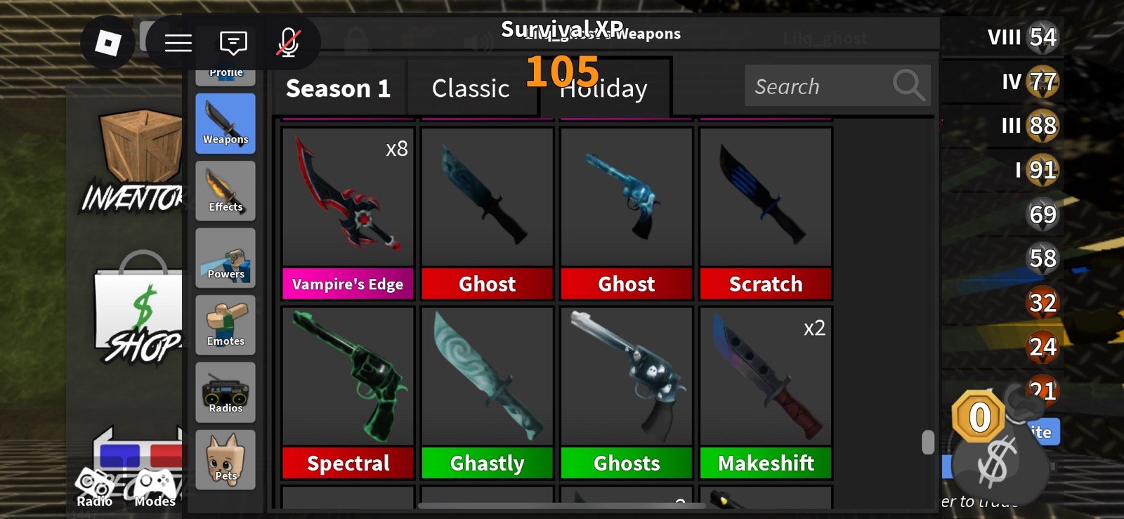Roblox Season 1 Classic/Holiday Weapons Inventory Chroma ID VIII 54