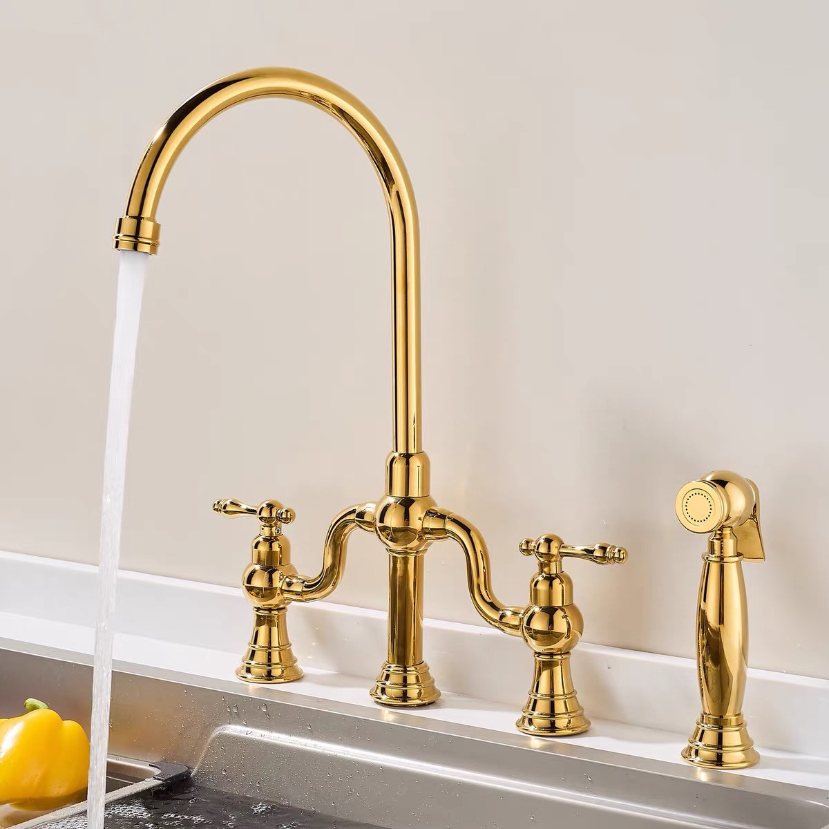Dual-Handles Kitchen Faucet w/Side Sprayer Gold Brass Bridge Mixer Sink Tap