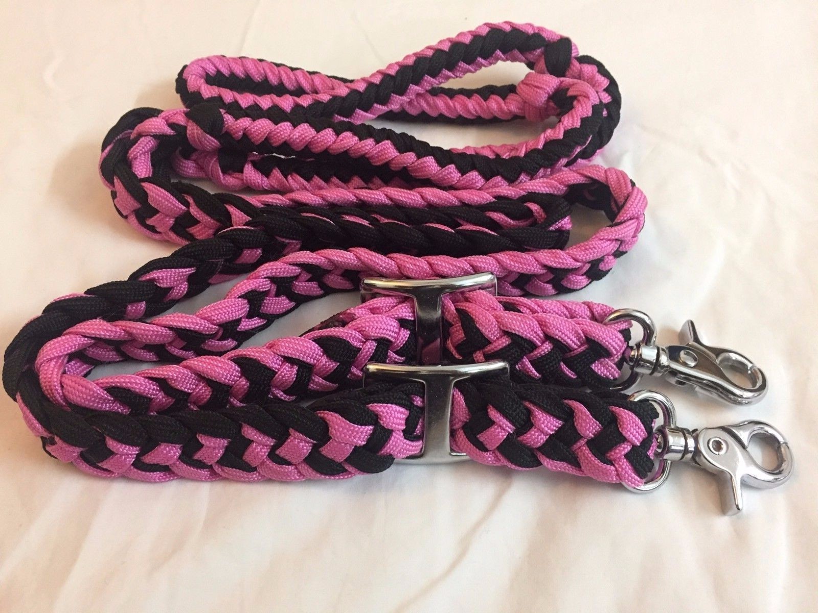 Western Set of 2 Nylon Braided and Knotted Roping Reins- Pink & Black