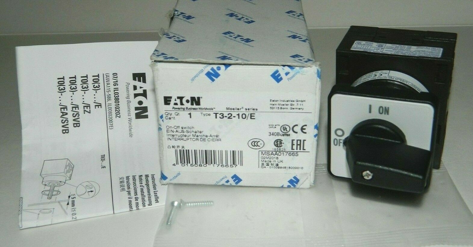 NEW EATON T3-2-10/E ON/OFF ROTARY SWITCH, 3 Pole + N , 32A, Flush Mount