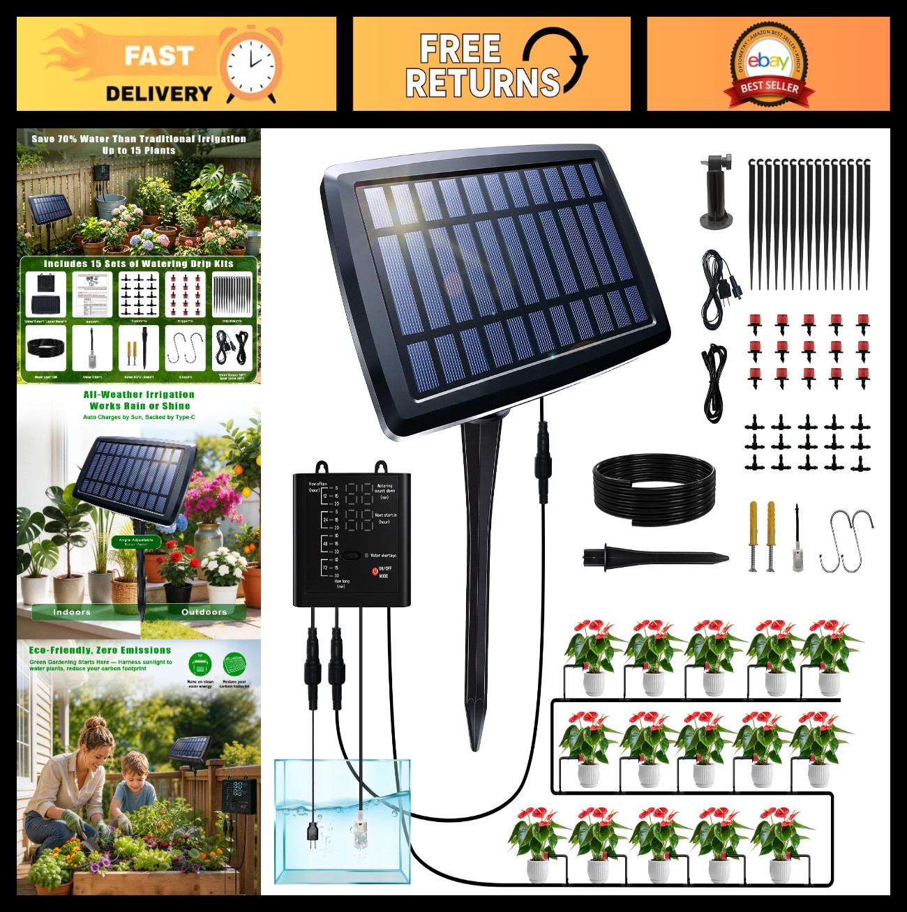 Solar Drip Irrigation System - Auto Watering Kit for 15 Pots, 49FT Hose, Timer &