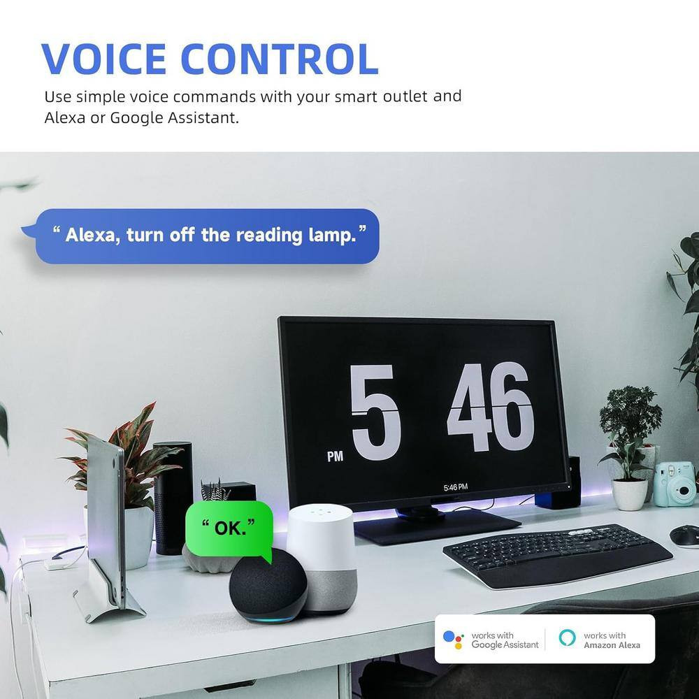 15A Tamper-Resistant Smart Wall Outlet with Alexa, Google Assistant, Timer and S