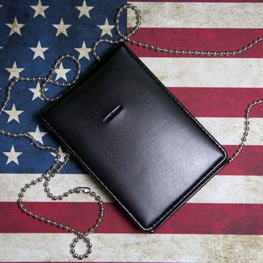 Black Leather Badge ID Card Wallet Holder Case With Neck Chain-MH188