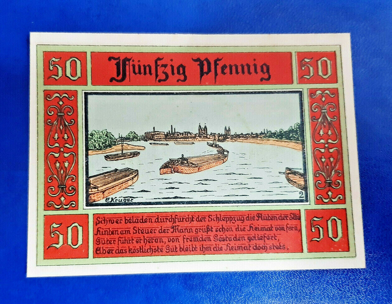 AKEN ELBE NOTGELD 50 PFENNIG 1921 EMERGENCY MONEY GERMANY BANKNOTE (15535)