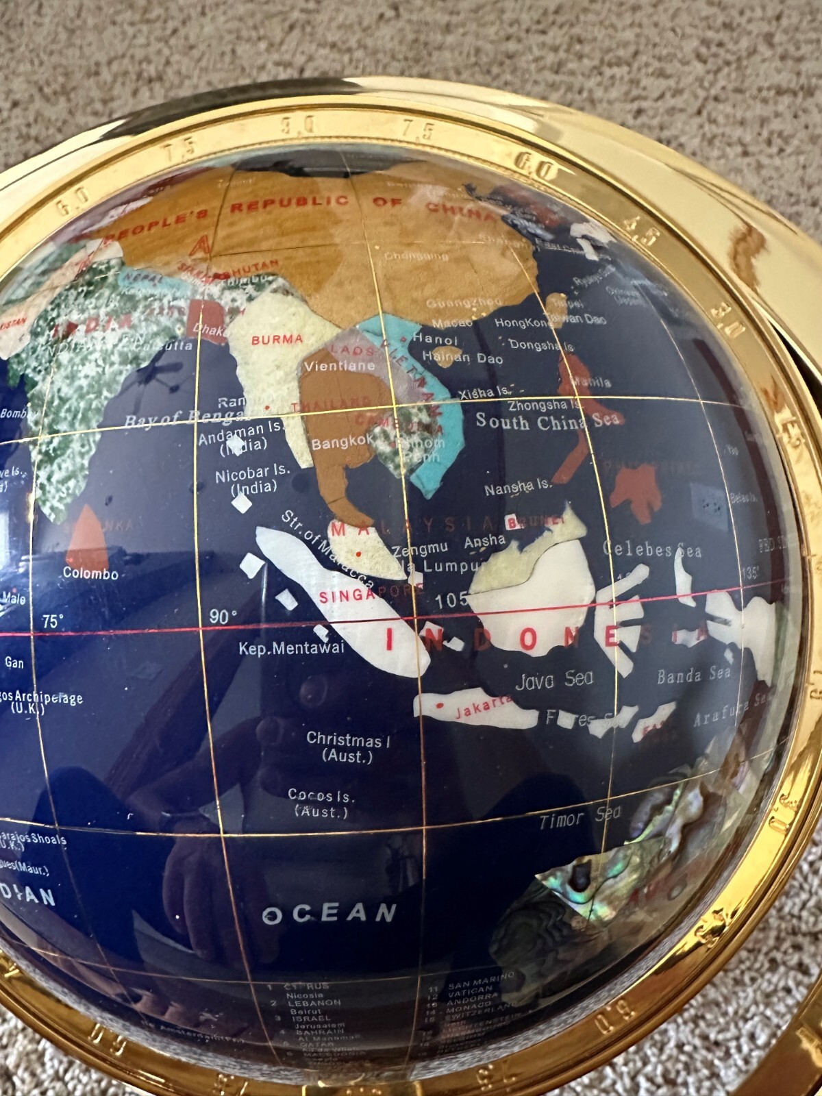 NEW GEMSTONE TABLETOP GLOBE BLUE LAPIS OCEAN BRASS TRIPOD COMPASS WORLD MAP