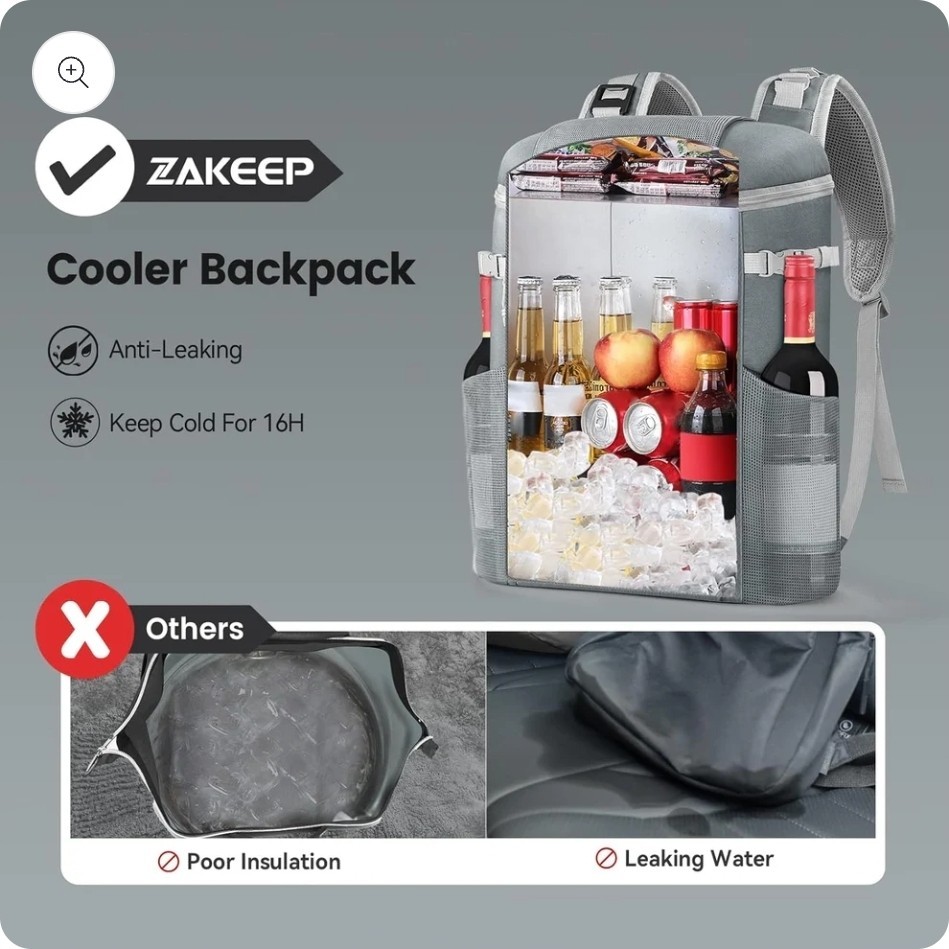 ZAKEEP Cooler Backpack, 39 Cans Large Capacity Anti-Leaking Cooler Backpack Gray