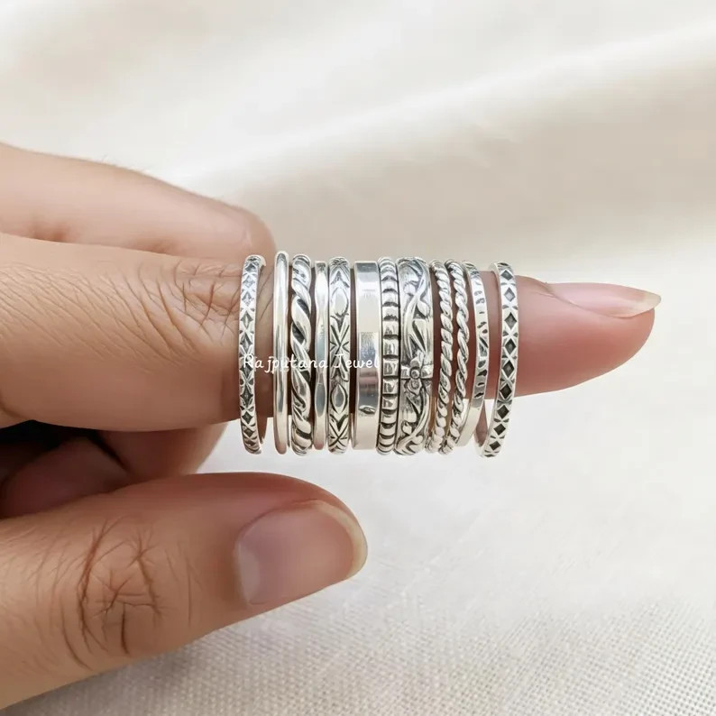 Stacking 925 Sterling Silver Ring Set,Handmade Assorted Patterns, Thin &All size