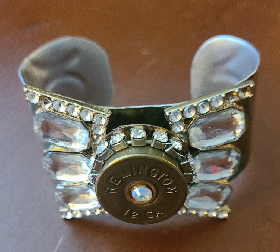 Remington 12 Gauge Shotgun Shell Hunter Metal Cuff Bracelet Rhinestones READ
