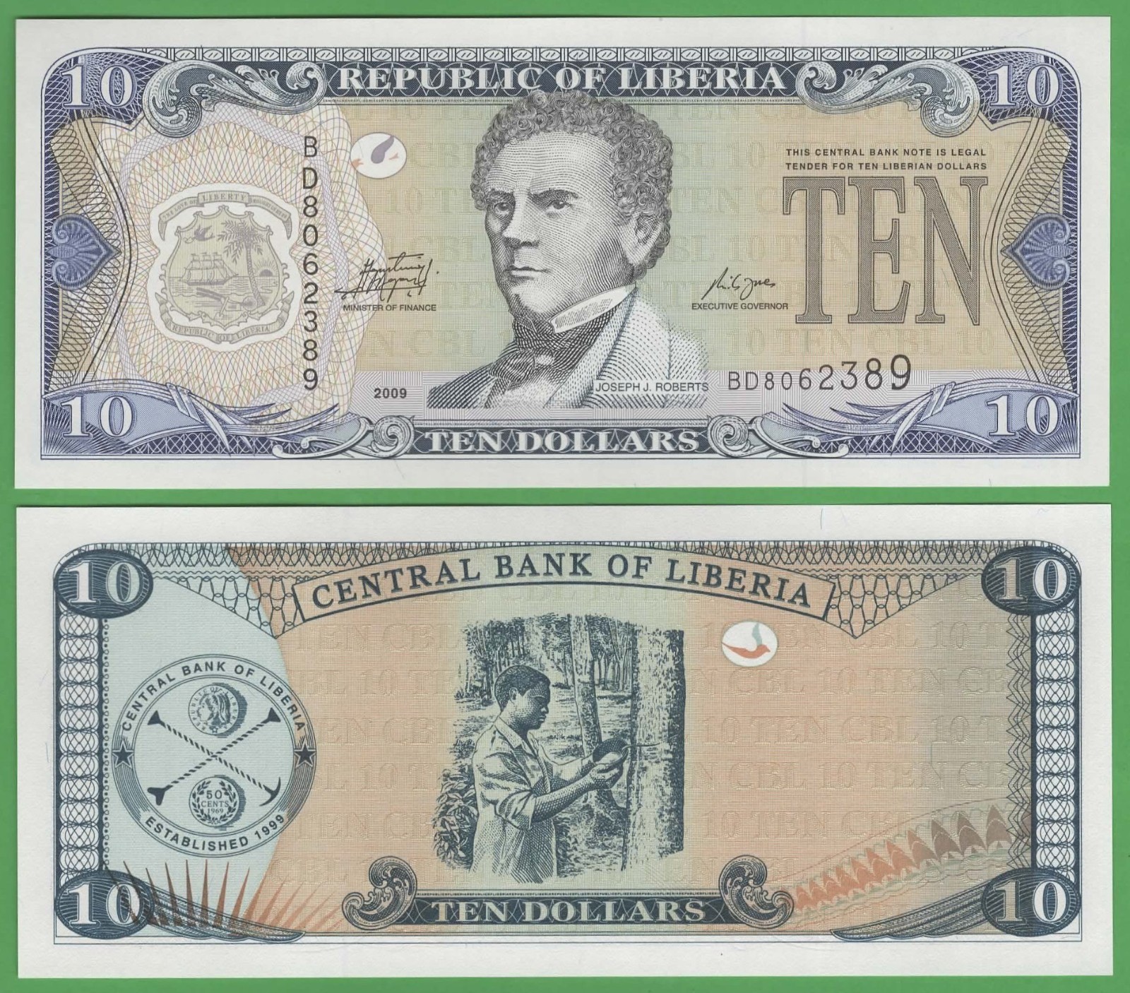 Liberia 10 Dollars 2009 P-27e UNC Roberts Rubber Plantation Banknote
