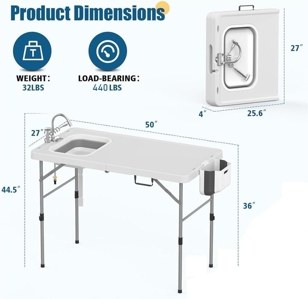 Foldable Fish Cleaning Table w Sink & Sprayer,Portable Camping Table for Outdoor