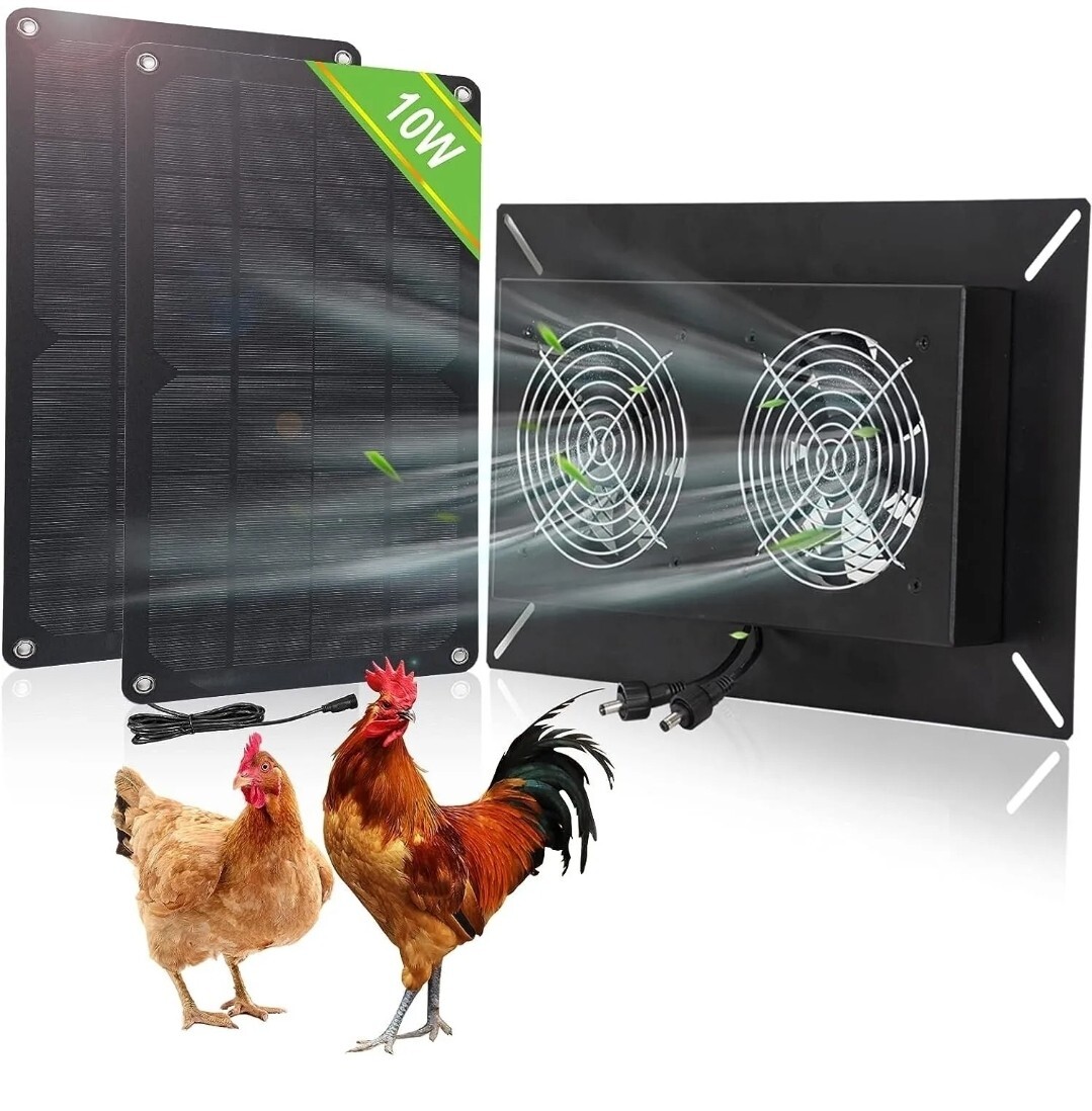 Plug-and-Play 10W Solar Powered Dual Fan Kit for Chicken Coops, Small Greenhouse