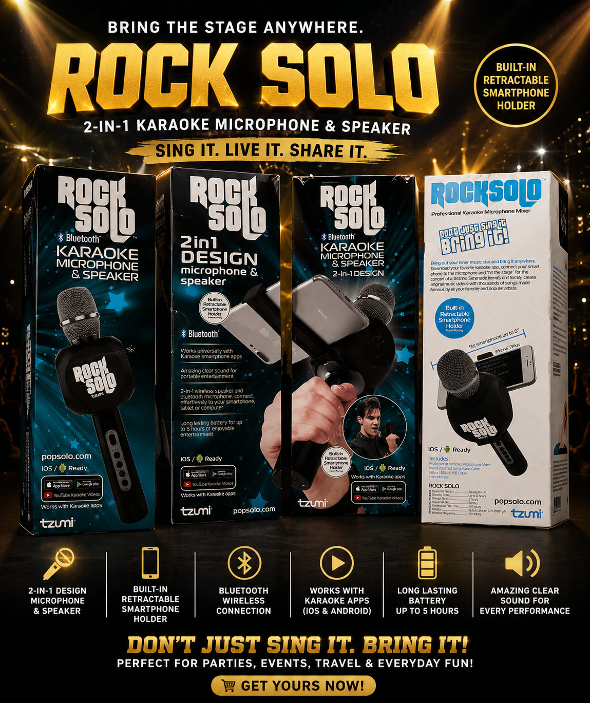 Tzumi Rock Solo Karaoke Mic Speaker Bluetooth Built-in Smartphone Holder NIB