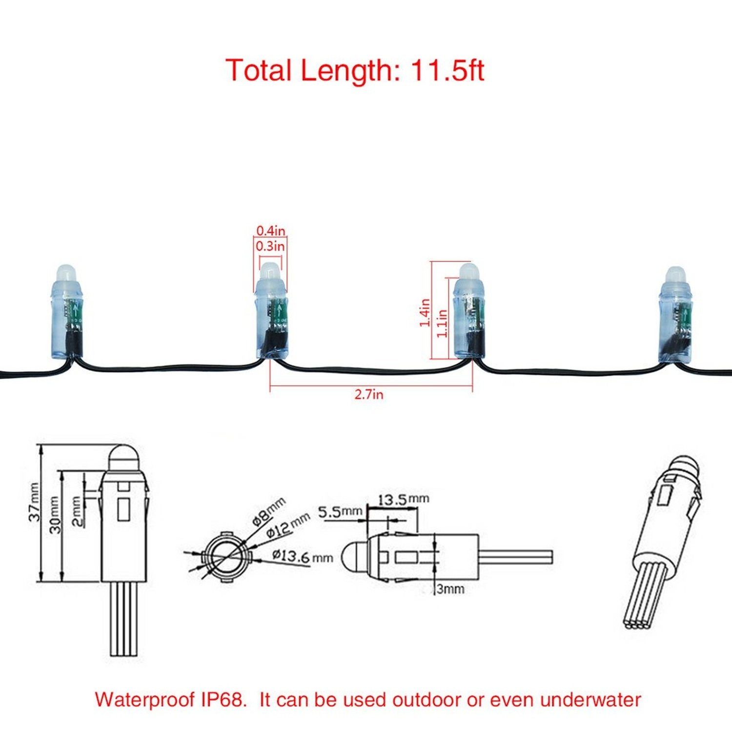 WS2811 Diffused Digital RGB LED Pixel Lights Black Wire Individually Addressa...