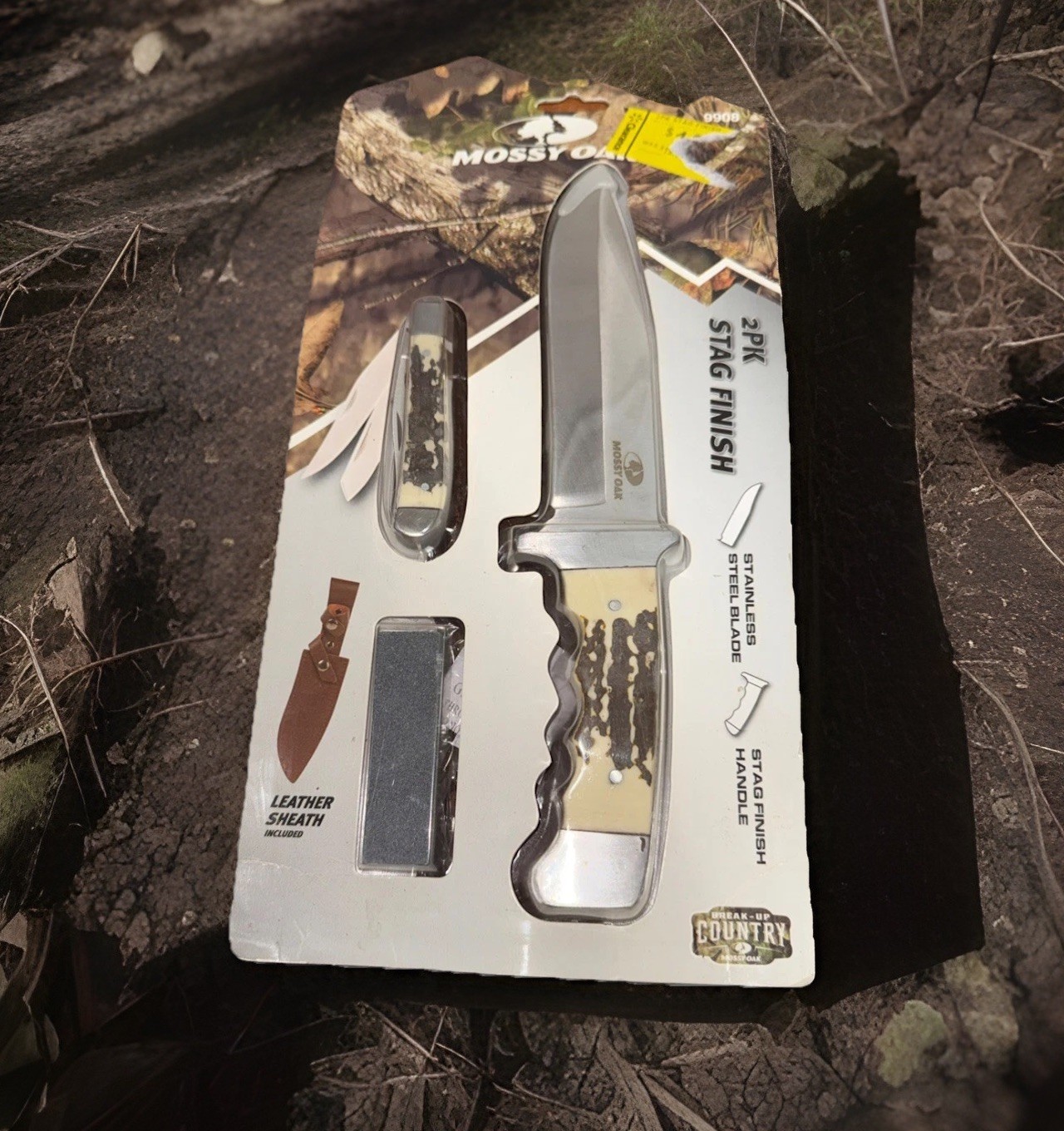 Mossy Oak 2PK Hunting Knives 3" & 6" 3CR13 Steel Leather Handle Sheath *NEW*