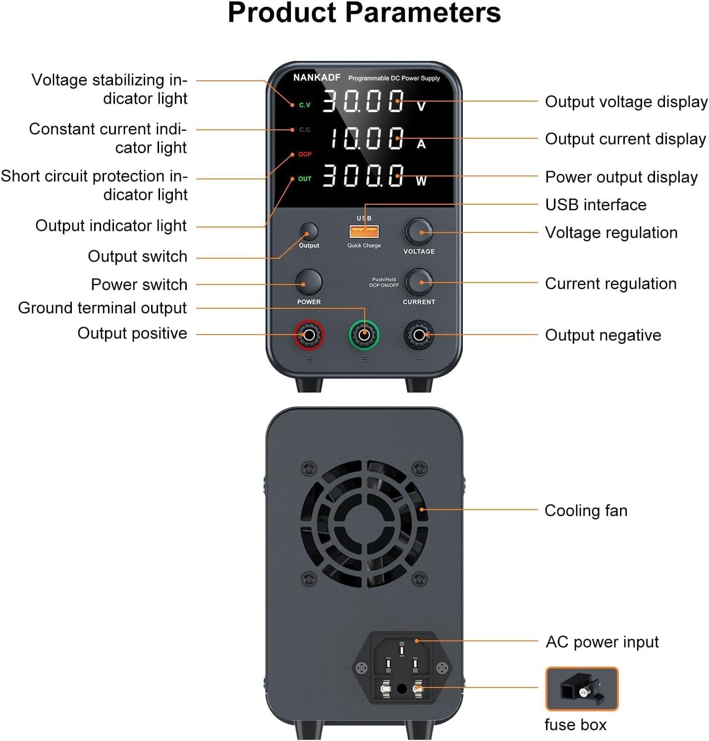 Compact Variable DC Power Supply with Encoder Knob and USB Quick Charge, 300W