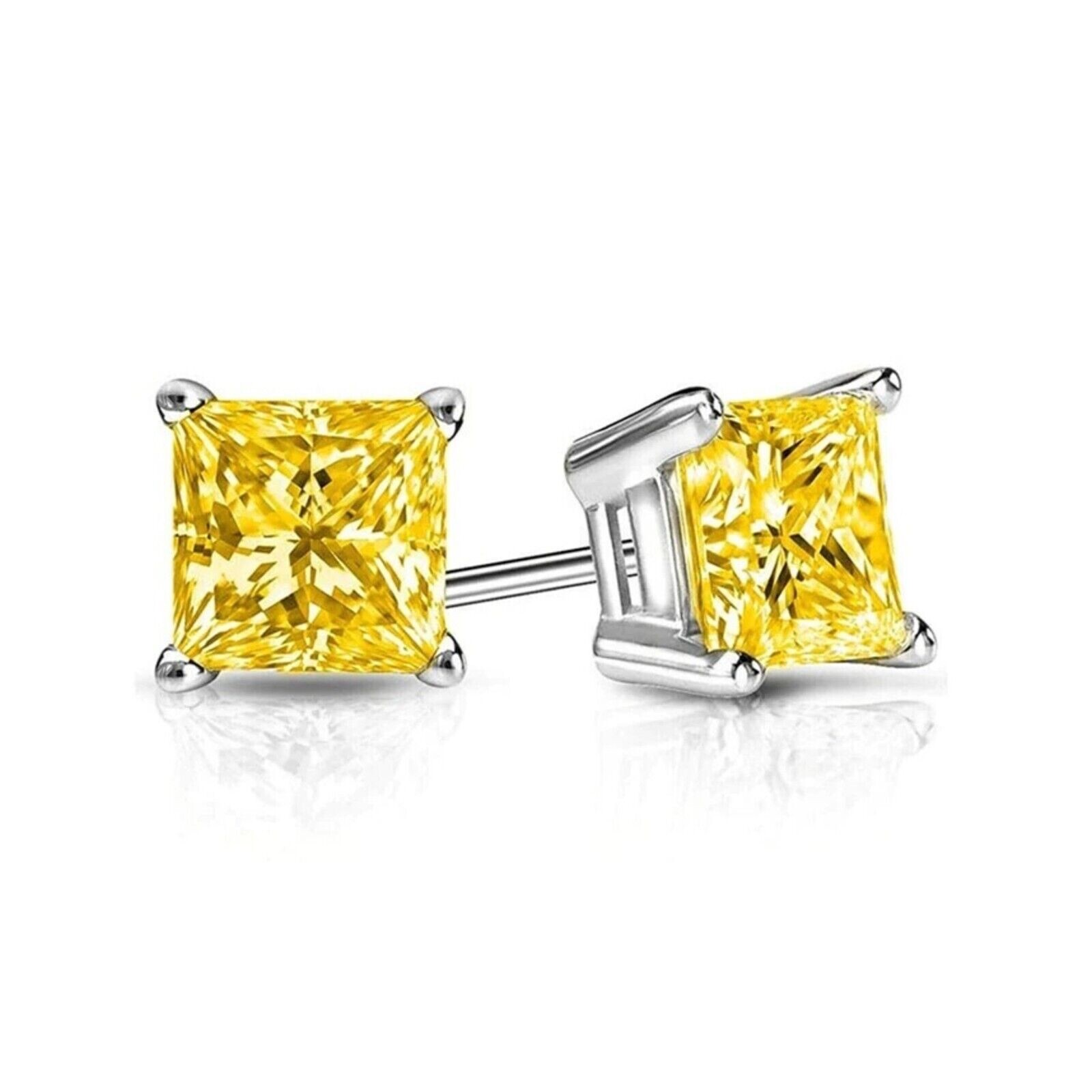 .50 ct. Genuine Canary Yellow Sapphire Princess Stud Earrings - Sterling Silver