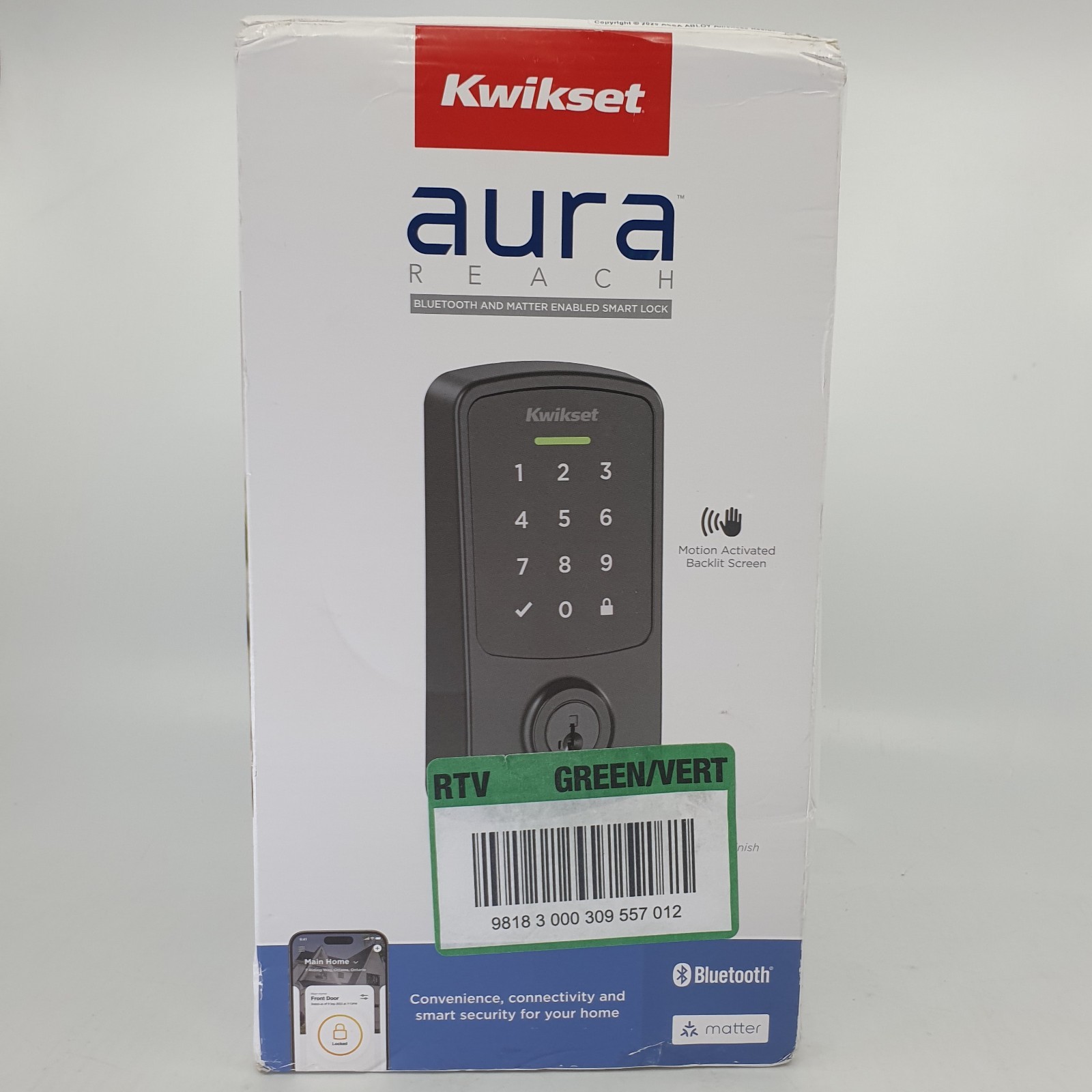Kwikset Aura Reach Matter Over Thread Bluetooth Smart Deadbolt Lock-Matte Black