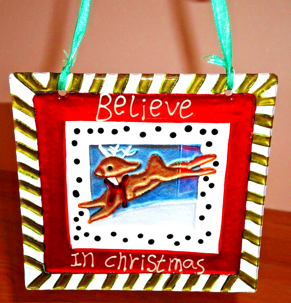 Reindeer "BELIEVE IN CHRISTMAS" Stained Glass Decoration NEW