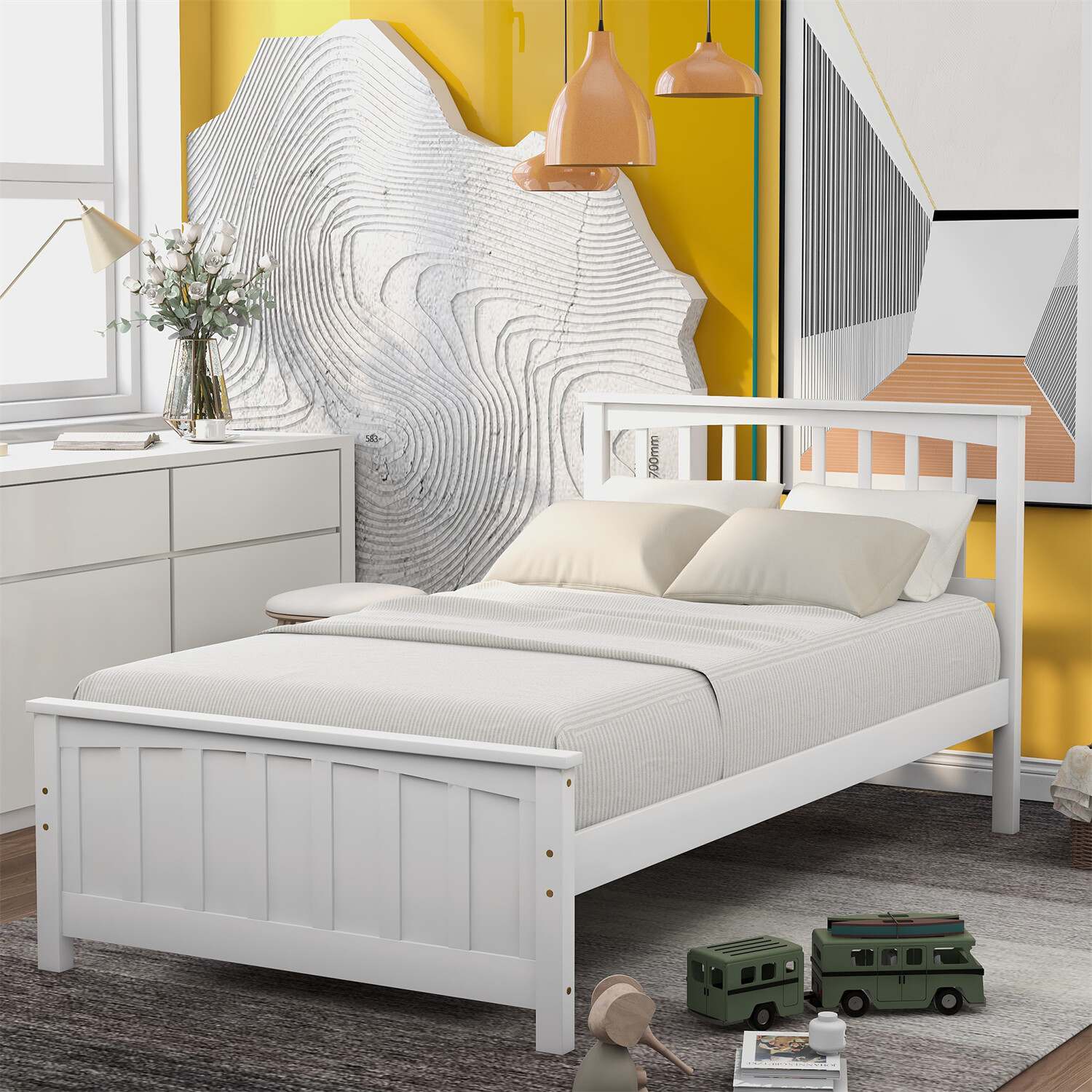 Twin Size Bed Frame Wooden Platform Bed Frame with Wooden Headboard White/Gray