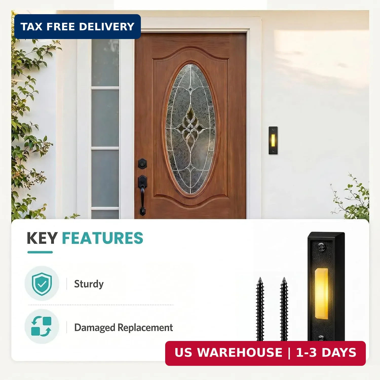 Lighted Doorbell Push Button - Wired Metal Front Door Bell Switch with Illuminat