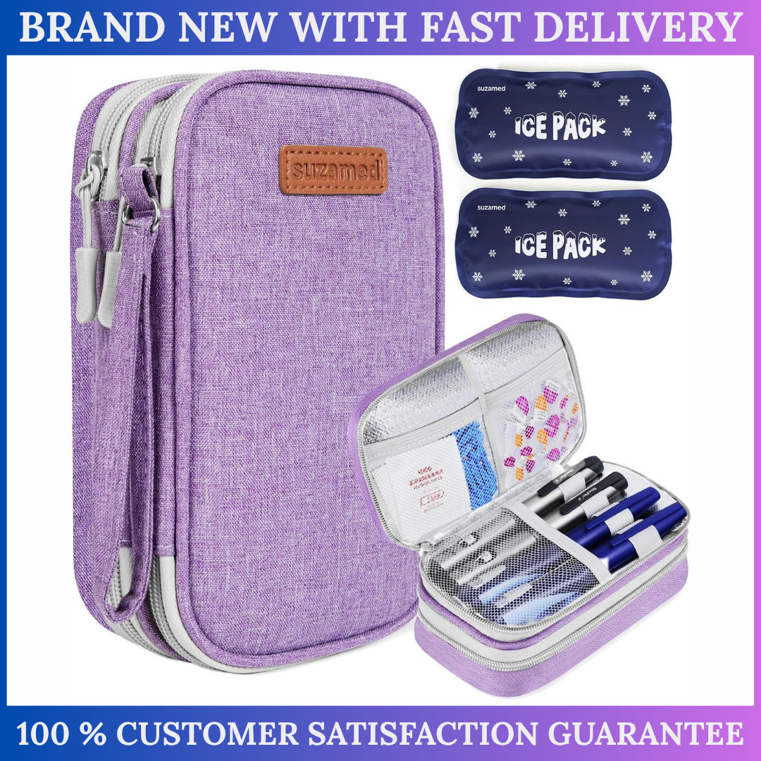 Insulin Cooler Travel Case Double Layer w/ 2 Ice Packs TSA Insulin Pens Purple