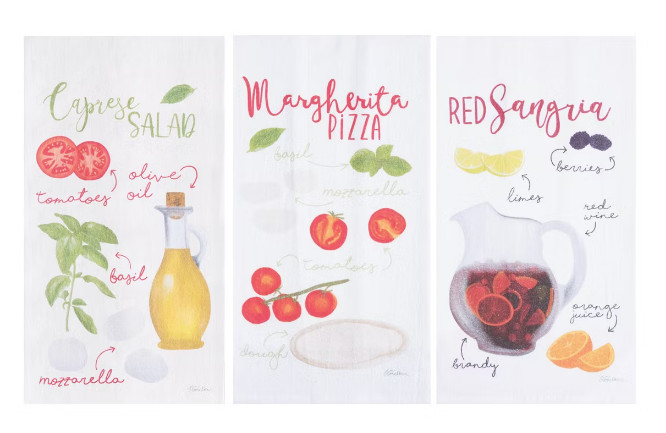 C and F Margherita Pizza, Sangria, Caprese Salad Flour Sack Towel Set 3 pc. New!