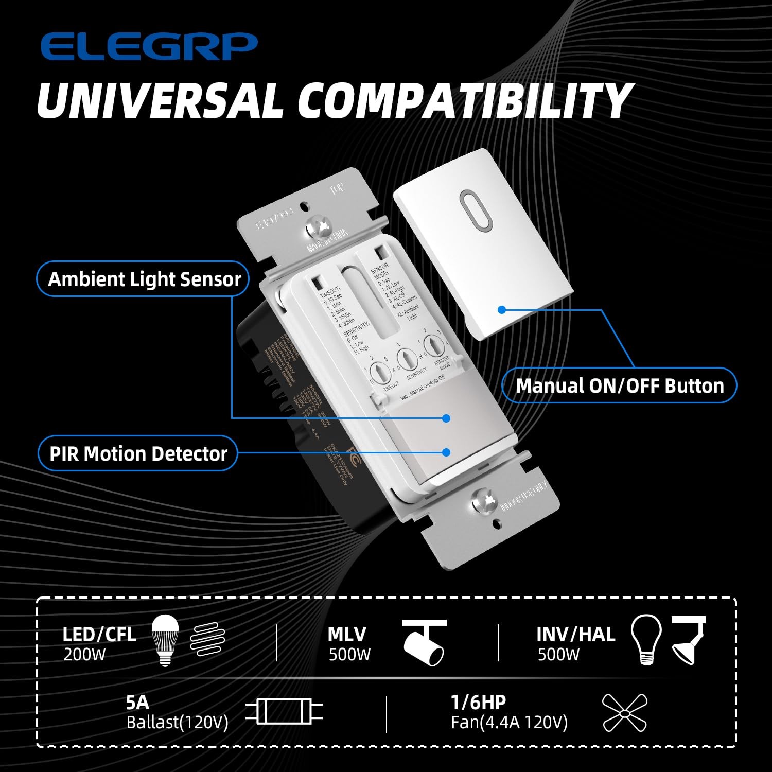 ELEGRP Matte White Single Pole Occupancy Motion Sensor Light Switch, Need Neu...